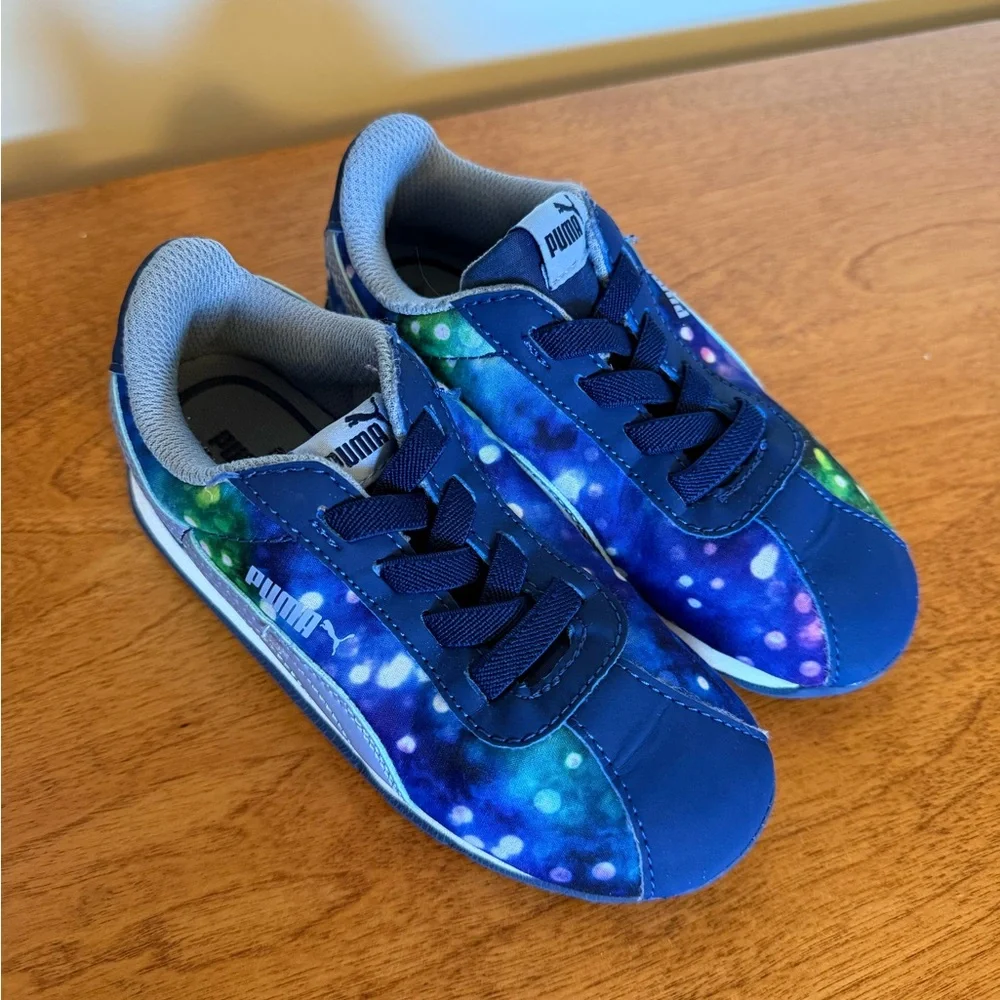10C Puma Kids Galaxy Blue Purple Green Sneakers Pull-On Soft EUC Rubber Sole - Picture 2 of 11